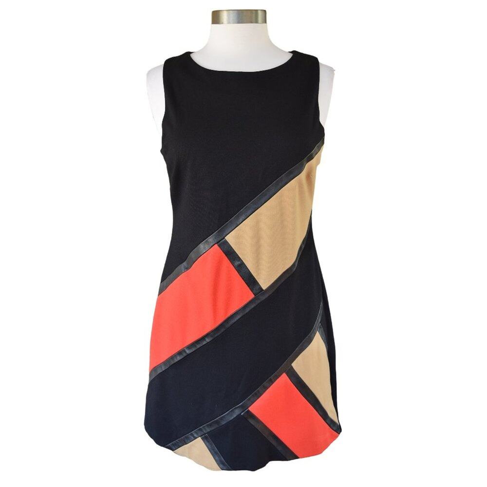 Alice & Trixie Colorblock Mini Dress Leather Detail Sleeveless Black Red Tan